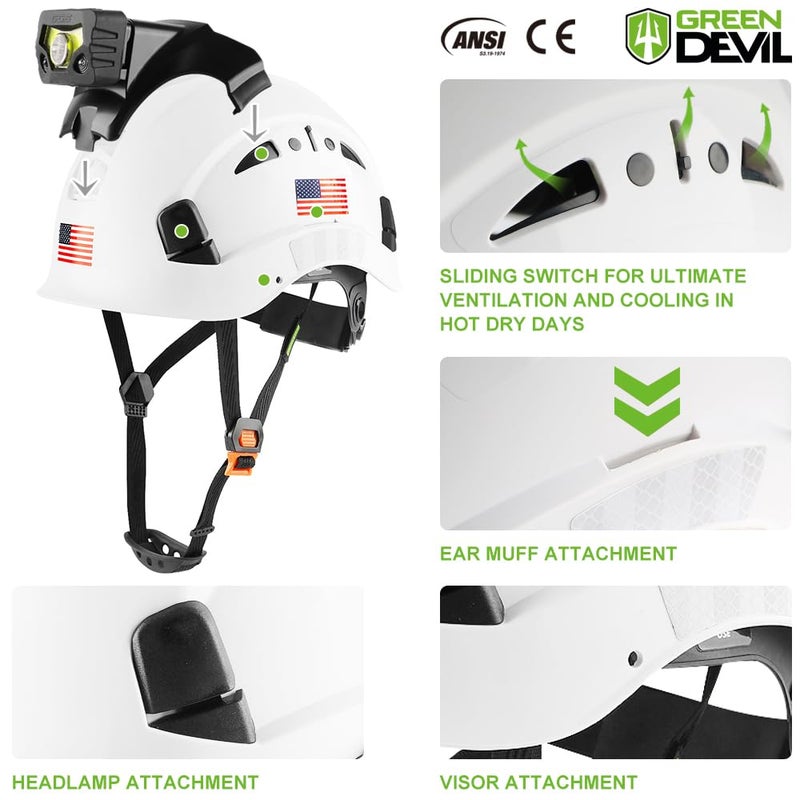 GREEN DEVIL قبعة صلبة للسلامة من GREEN DEVIL مع مصباح أمامي قابل لإعادة الشحن للرجال قبعة صلبة بفتحات تهوية للعمل ANSI Z89.1 معتمدة من Cascos de Construccion مثالية لبطانة خوذة البناء الصناعية متضمنة - Image 2